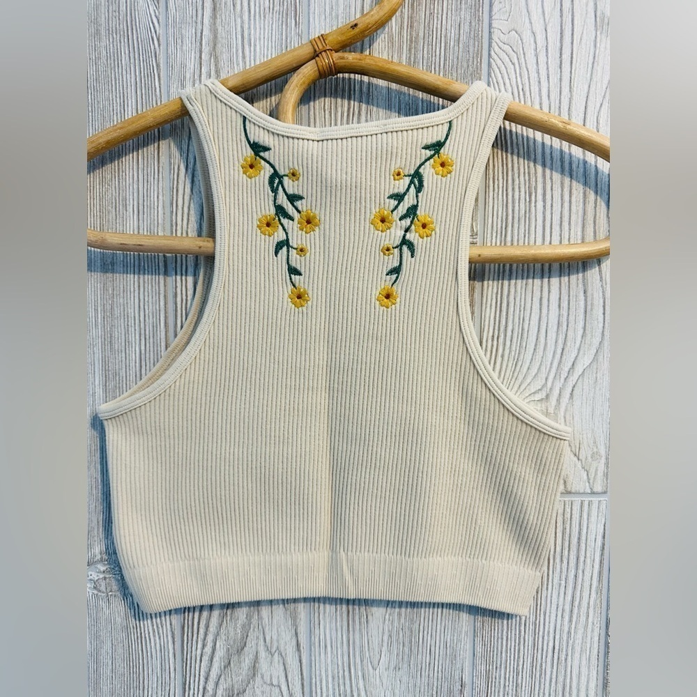 NEW! RACHEL ZOE FLORAL EMBROIDERED Stretch Crop Tank Womens XS Beige Neutral - Picture 7 of 10
